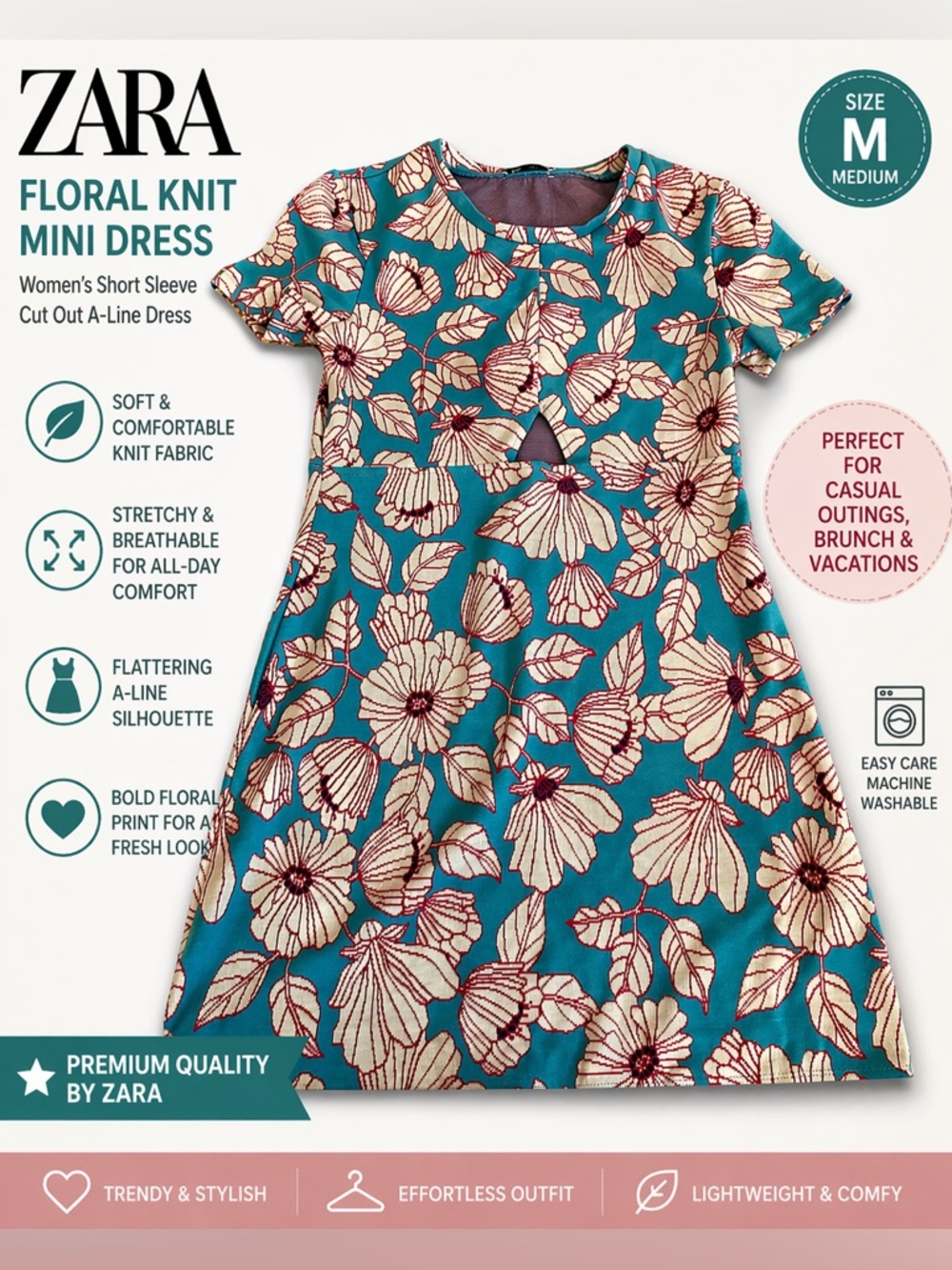 Zara Teal Floral Knit A-Line Dress